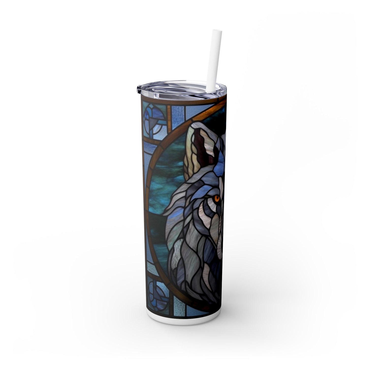 Stain Glass Wolf Skinny Tumbler with Straw, 20oz