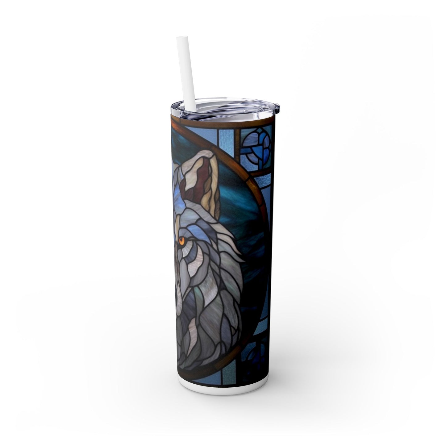 Stain Glass Wolf Skinny Tumbler with Straw, 20oz